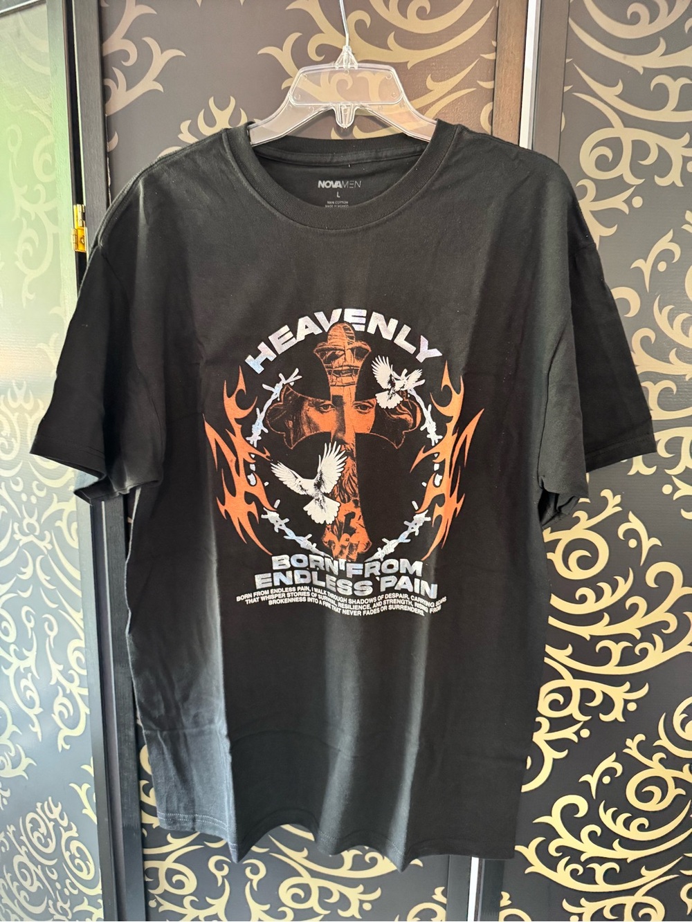 Fashion Nova Black Tee with Orange and White Graphic